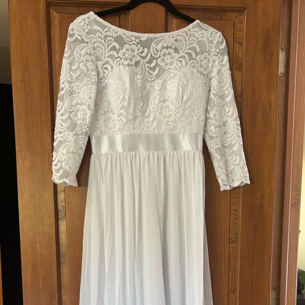 Ever Pretty White Tiered Gown with 3/4 Bishop Sleeves